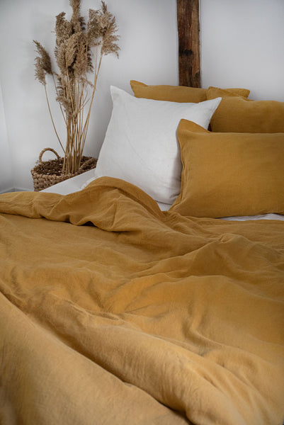 Glamžyto lino antklodės užvalkalas su raišteliais garstyčių geltona