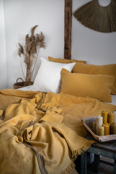 Glamžyto lino antklodės užvalkalas su raišteliais garstyčių geltona