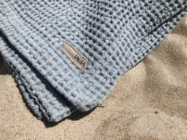 Vaflinis lininis paplūdimio rankšluostis pilkai melsvas